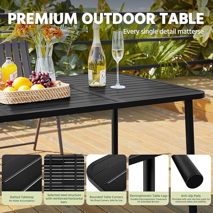 Yaheetech Outdoor Dining Table for 6 Person, Rectangular Slatted Metal Patio Table for Deck Garden Lawn Backyard Use, Black