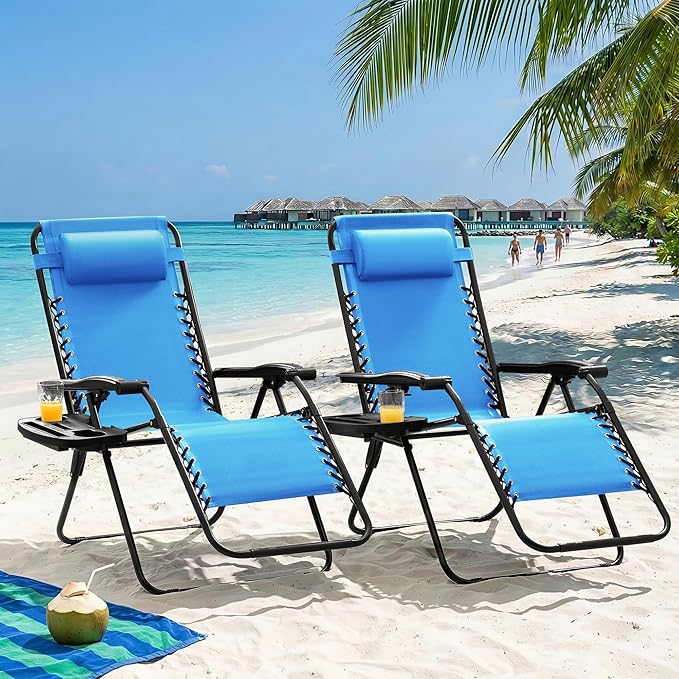 Homall Zero Gravity Chair Patio Folding Lawn Outdoor Lounge Gravity Camp Reclining Lounge Chair with Cup Holder Pillows for Poolside Backyard and Beach Set of 4 (Sky Blue)