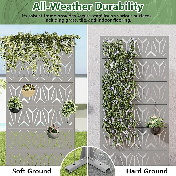 Casaphoria Metal Privacy Screen Outdoor, 72" H x 35" W Freestanding Decorative Privacy Screen for Patio Deck Balcony Garden with Stable Base, Grey-Star