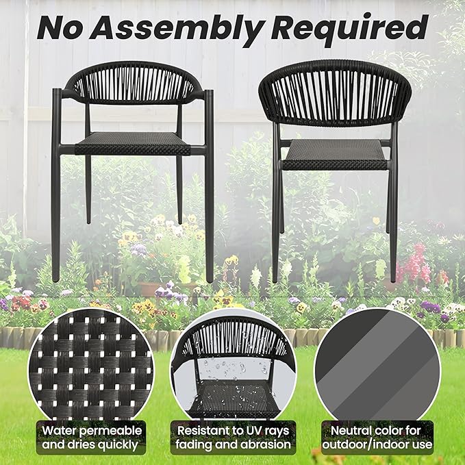 4 Pcs Stackable Patio Dining Chairs, Aluminum Rattan Outdoor Dining Chair with Arms, Woven Rope Garden Armchair Metal No Assembly for Bistro Balcony Porch Deck Yard Cafe Restaurant, Black