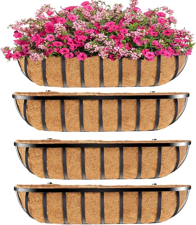30 Inch Window Deck with Coco Liner, 30" Window Boxes Horse Trough with Coconut Coir Liner, Fence Metal Hanging Flower Planter Window Basket Deck Railing Planter Boxes for Outdoor Garden Lawn, 4pcs