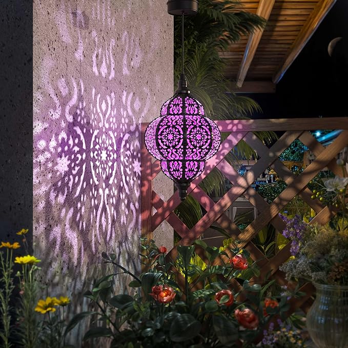 Hanging Solar Lights Outdoor Garden Decor Solar Lantern Waterproof Plastic Moroccan Outdoor Decorations for Patio Pathway Yard Backyard Garden Decorative (1, Purple)