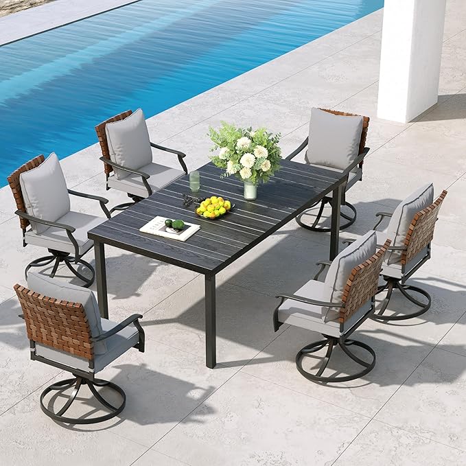 Grand patio 7-Piece Outdoor Dining Set, 6 Leather-Look Wicker Swivel Patio Chairs & 1 Straight Legs Rectangular Dining Table, Black
