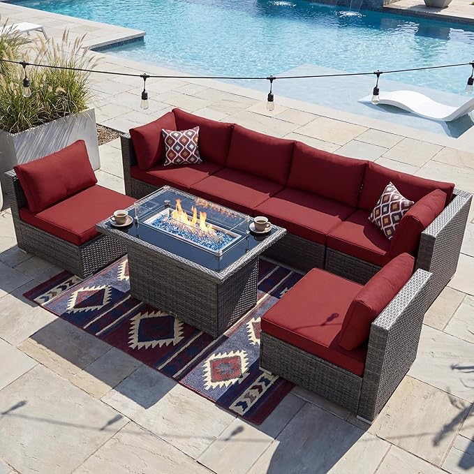 NICESOUL 7 Piece Outdoor Patio Furniture with Firepit Table Natural Gas & Propane Convertible, 29.3'' High Back L Shaped Couch Sectional, Extra Large Rattan Patio Modular Set for Backyard, Burgundy
