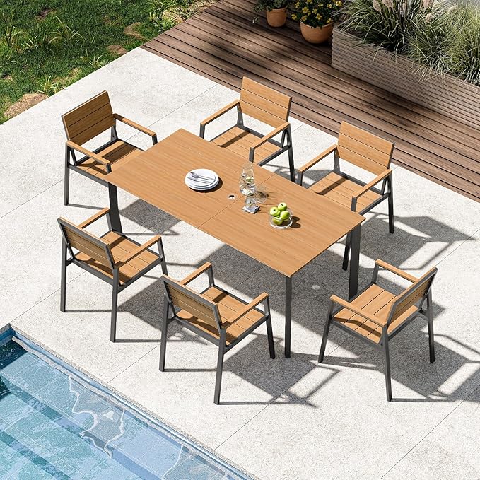 Outdoor Dining Set for 6, Aluminum Patio 7 Piece HDPS Luxury Outdoor Table and Chairs Set with Umbrella Hole, Modren Patio Furniture Set, All-Weather Patio Dining Set for 6, (Gray & Teak)