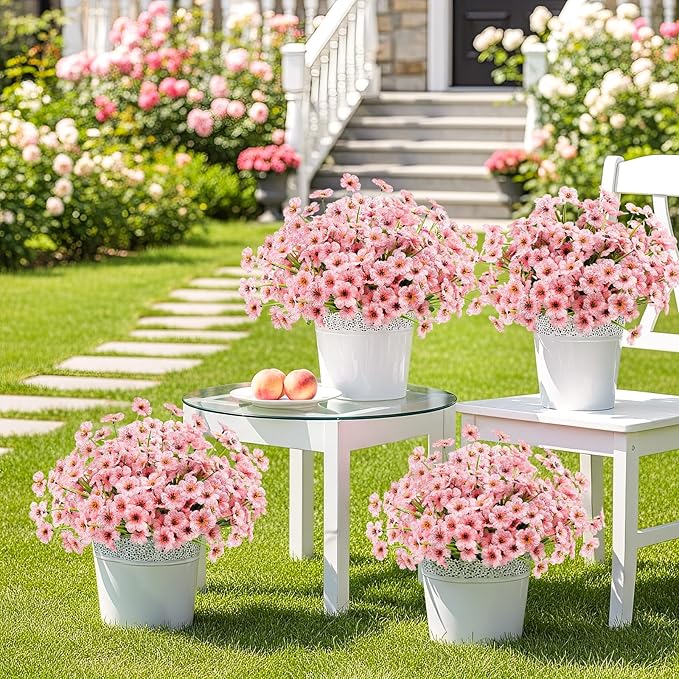 MACTING 12 Bundles Artificial Flowers for Outdoors Fake Flowers UV Resistant Faux Plastic Plants No Fade for Hanging Planters Window Patio Porch Garden Home Indoor Outdoor Spring Decorations,Pink