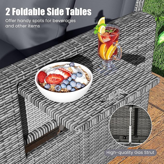 Tangkula Patio Rattan Daybed with 4-Level Adjustable Backrest, Outdoor PE Wicker Loveseat with Storage Ottoman & Folding Side Table, Double Sunbed for Balcony, Backyard & Poolside, Grey