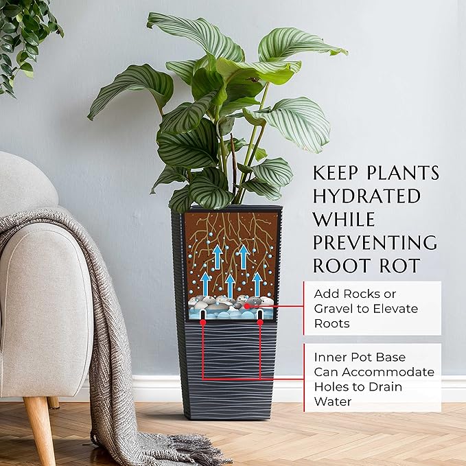 Mueller Janska M-Resin Heavy Duty Tall Planter, Indoor/Outdoor Grande Plant, Tree, Flower Pot, 2-Piece Set, 27.5”, Modern Design, Built-in Drainage, Dark Grey