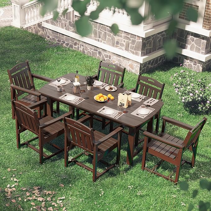 HDPE Outdoor Patio Dining Set with Table & 6 Chairs, All-Weather 7-Piece Outdoor Table and Chairs, 2" Umbrella Hole, Patio Furniture for Garden, Backyard, Deck | Brown