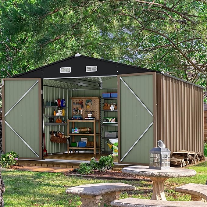 Devoko 10 x 8 FT Outdoor Storage Shed, Metal Garden Sheds & Outdoor Storage Clearance, Large Tool Shed Outdoor with Single Lockable Door for Patio Lawn Backyard (Brown)