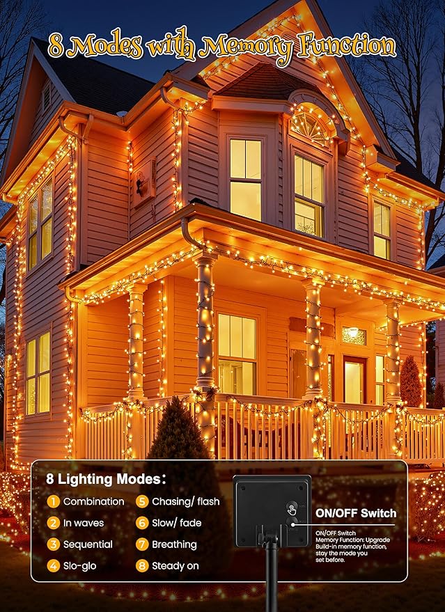 Brightown 4 Pack Solar Halloween Lights, Total 184FT 480 LED Solar String Lights Outdoor Waterproof Black Wire with 8 Modes, Solar Fairy Light for Garden Yard Patio Party Decors, Orange