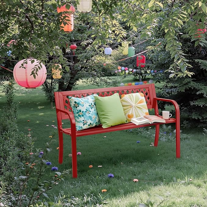 VINGLI 47'' Outdoor Bench, Weather Resistant Garden Patio Bench Powder Coated Iron Frame w/PVC Mesh Backrest Slatted Seat, 2-Person Outdoor Furniture for Front Porch Entryway Park (Red)
