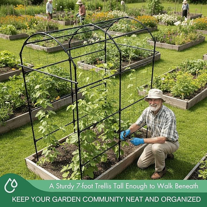 Garden Trellis Arch 7FT PP-Coated Stainless Steel Metal Extra Tall Cucumber Trellis Arch Garden Arch Trellis for Climbing Plants Outdoor Vegetable Trellis with Trellis Netting