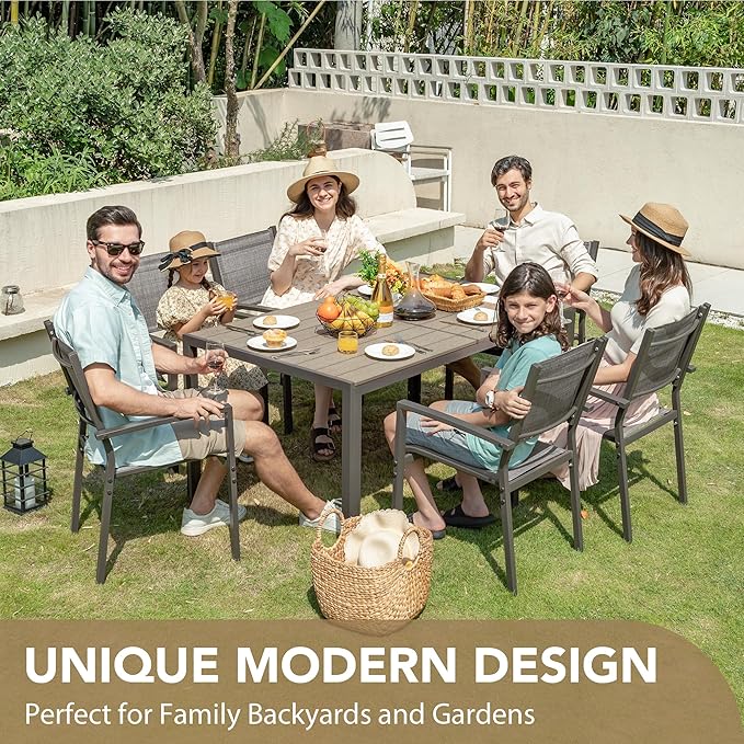 Devoko Patio Dining Set 7 Piece Outdoor Furniture with Rectangular Table and 6 Stackable Chairs Family Conversation Set for Garden Backyard Deck (Grey)