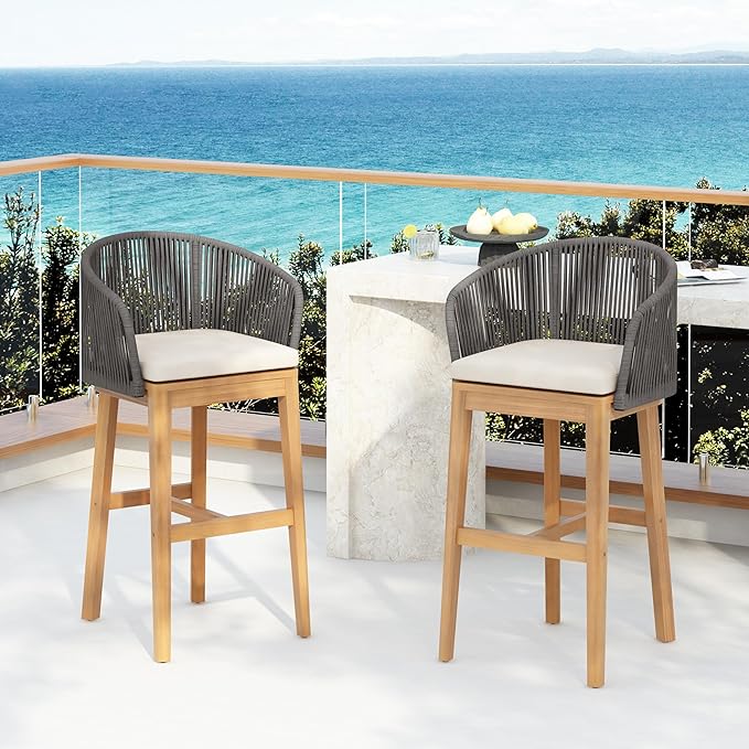 Christopher Knight Home Zax Set of 2 Patio Barstool, Acacia Wood & Rope Outdoor Counter Stool with Backrest/Footrest, Barstool Chairs with Cushion Seating for Backyard Balcony Garden, Beige+Gray+Teak