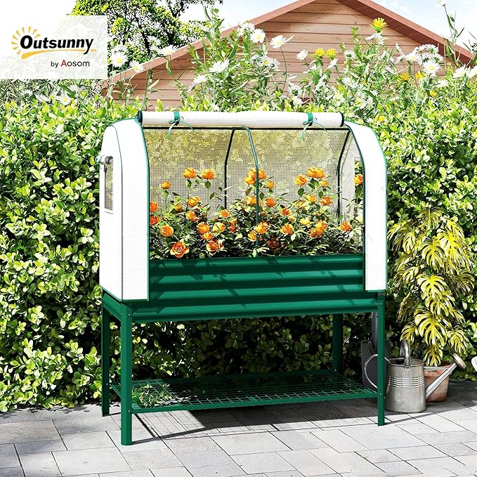 Outsunny Galvanised Raised Garden Bed with Greenhouse Cover, Metal Elevated Garden Bed with Legs, Bed Liner and Bottom Shelf, Outdoor Raised Planter Box for Vegetables, Herbs, Flowers, Green