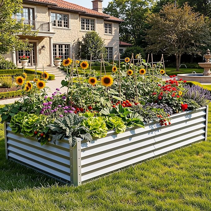 YITAHOME 8x4x1.5ft 2pcs Large Raised Garden Bed Kit, Galvanized Metal Planter Box with Gloves, Ground Nails & Safety Rubber, Outdoor Above Ground Planters for Plants Vegetables Flowers, Silver