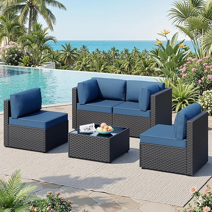 JAMFLY Patio Furniture Sets, 5-Piece Outdoor Patio Furniture with Thick Cushions, Wicker Outdoor Conversation Set Sectional Sofa for Backyard, Poolside, Garden, Aegean Blue