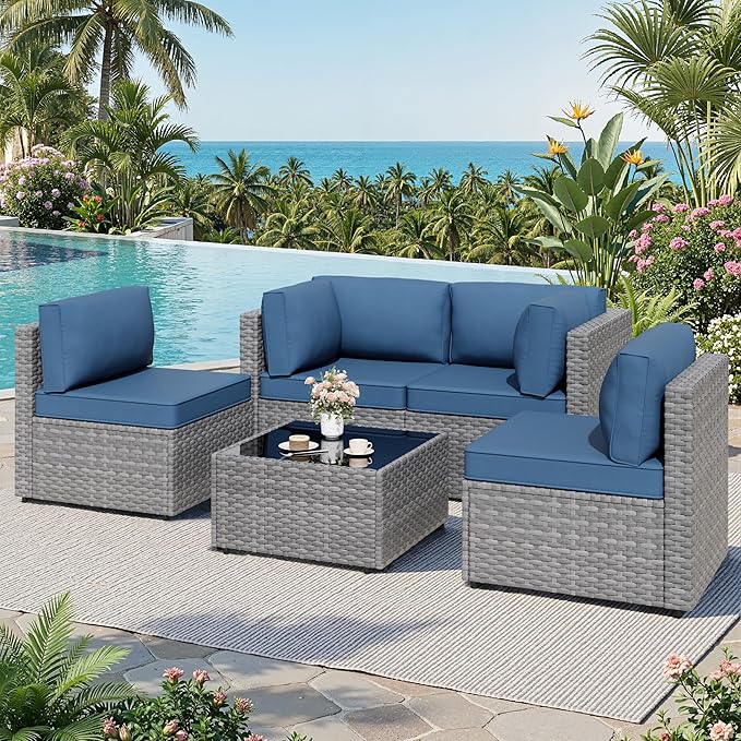 JAMFLY Patio Furniture Sets, 5-Piece Outdoor Patio Furniture with Thick Cushions, Wicker Outdoor Conversation Set Sectional Sofa for Backyard, Poolside, Garden, Aegean Blue