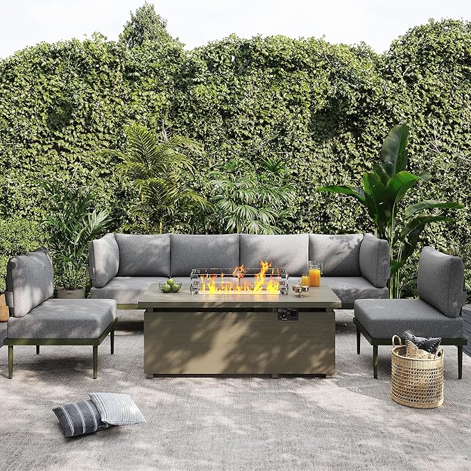 Sundale Outdoor 7 Pieces Patio Furniture Set with Fire Pit Table, L-Shaped Outdoor Sectional Sofa with 6 Inch Olefin Cushion, All-Weather Modern Metal Outdoor Conversation Sets for Backyard, Poolside
