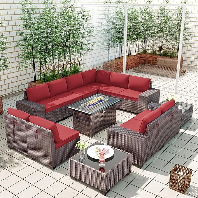 Kullavik 13 Pieces Outdoor Patio Furniture Set with 43" 55000BTU Gas Propane Fire Pit Table PE Wicker Rattan Sectional Sofa Patio Conversation Sets,Red