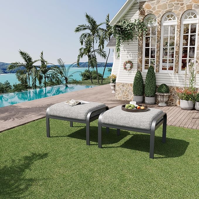 HOMREST Metal Outdoor Ottoman, 2-Piece Aluminum Footstool w/Removable Cushion, Multipurpose Footrest Stool Additional Seating, Set of 2 Outdoor Ottomans for Patio Deck (Grey)