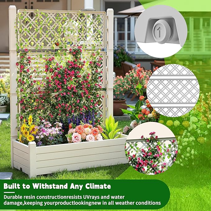 EasyUp Raised Garden Bed with Trellis for Climbing Plants, Outdoor Herb Planter Box with Drainage Plug & Water Gauge, Durable Resin for Patio, Balcony, Yard, Dust-Proof Garden Planter