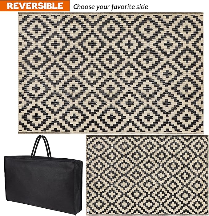 SAND MINE Reversible Mats, Plastic Straw Rug, Modern Area Rug, Large Floor Mat and Rug for Outdoors, RV, Patio, Deck, Beach, Camping (Black & Beige Lattice, 4' x 6', -3% to 5% Size Variance)