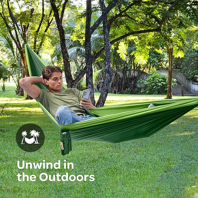 Durable Hammock 550 lb Capacity, Nylon Camping Hammock Chair - Double or Single Sizes w/Tree Straps and Attached Carry Bag - for Travel/Backpacking/Beach/Backyard (X-Large, Forest Green & Lima Green)