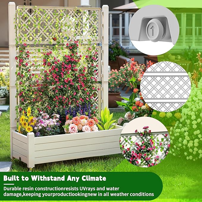 EasyUp Raised Garden Bed with Trellis for Climbing Plants,Outdoor Herb Garden Planter with Drainage Plug and Gauge,Durable Dust-Proof Resin for Garden, Patio, Balcony, and Backyard