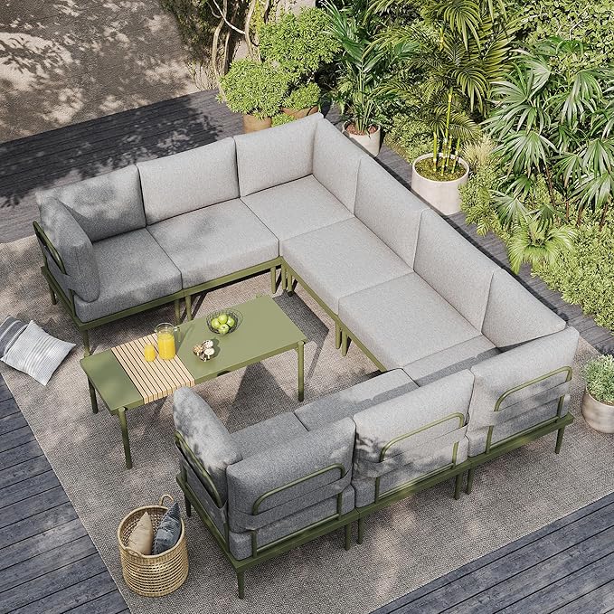 Sundale Outdoor 9 Pieces Patio Furniture Set, U-Shaped Outdoor Sectional Sofa with 6 Inch Olefin Cushion and Coffee Table, Modern Metal Outdoor Conversation Sets for Backyard, Poolside