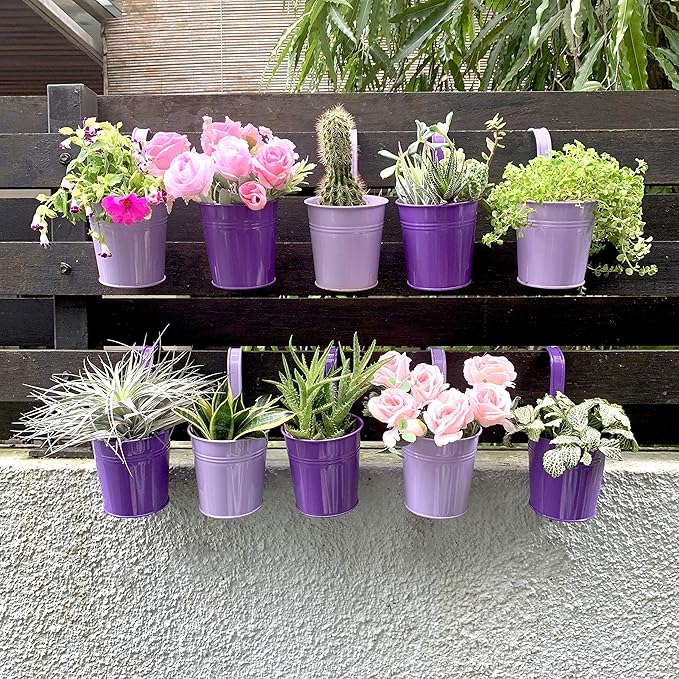 LaLaGreen Hanging Planter Outdoor - 10 Pack, 4 Inch Fence Planters Outdoor Purple Hanging Window Flower Bucket Metal Succulent Pots Balcony Railing Wall Garden Deck Porch Herb Plant Macetas Exterior