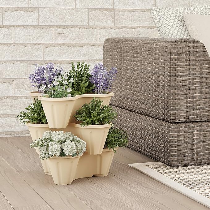 Set of 3 Stacking Planter Tower - 3-Tier Space Saving Flower Pots - Indoor/Outdoor Vertical Herb and Vegetable Planter by Pure Garden (Sand Stone)
