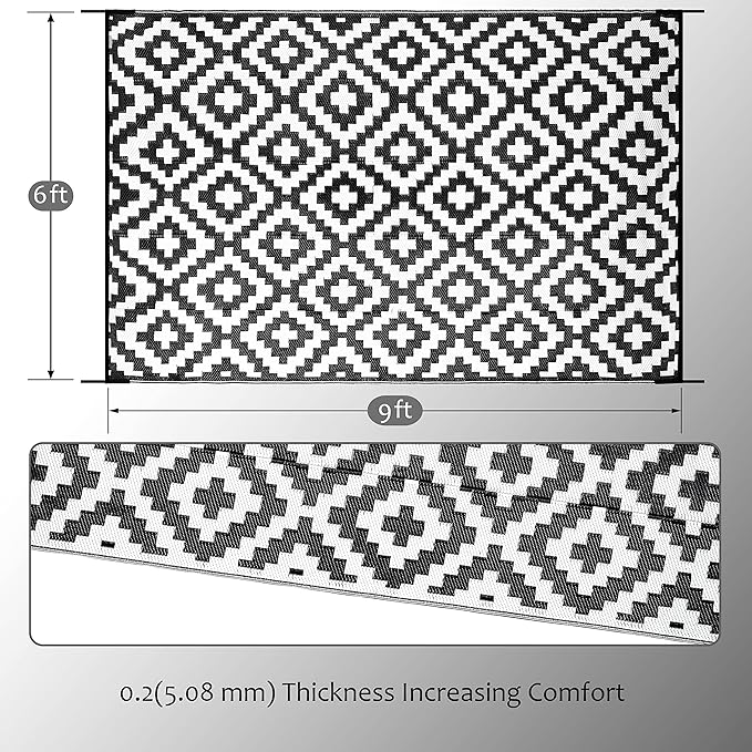 SAND MINE Waterproof Outdoor Rug 6x9 ft, Reversible Mats, Modern Area Rug, Large Floor Mat and Rug for Outdoors, RV, Patio, Backyard, Deck, Picnic, Beach, Trailer, Camping, Black & White Lattice