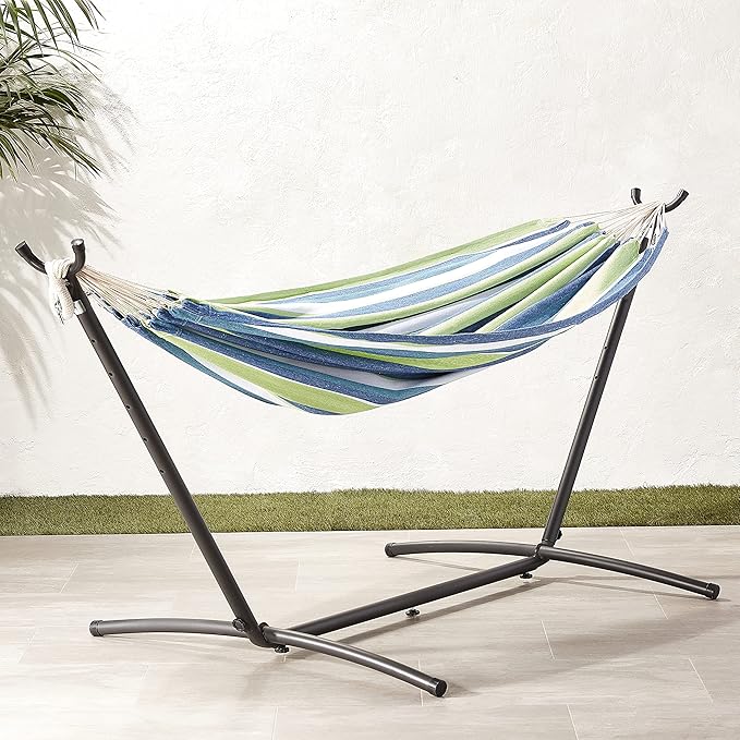 Amazon Basics Double Hammock with 9-Foot Space Saving Steel Stand and Carrying Case, 2 Person, 450 lb Capacity, Cotton Polyester, Oasis Stripe, 110" x 47" x 43"