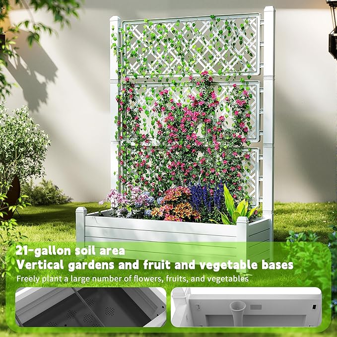 EasyUp Raised Garden Bed with Trellis for Climbing Plants,Outdoor Herb Garden Planter with Drainage Plug and Gauge,Durable Dust-Proof Resin for Garden, Patio, Balcony, and Backyard