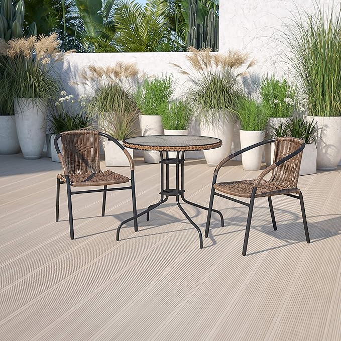 Flash Furniture Lila 28'' Round Glass Metal Table with Dark Brown Rattan Edging and 2 Dark Brown Rattan Stack Chairs