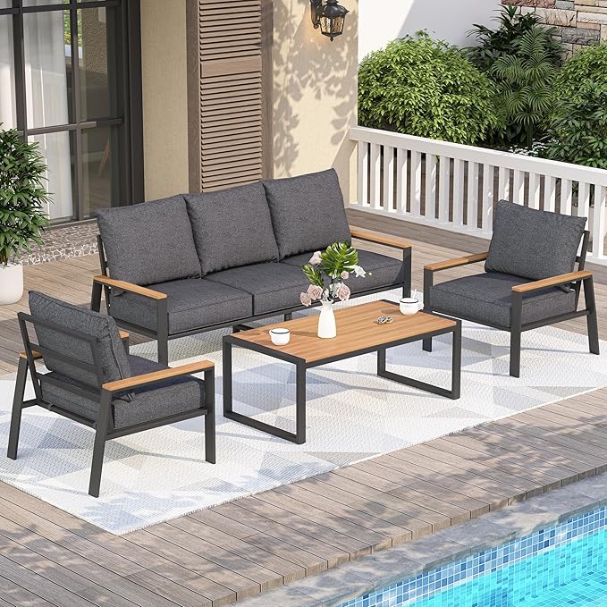 Patio Furniture Set, 4 Pieces Outdoor Furniture Patio Conversation Set with High Back, Faux-Wood Armrest and Tabletop, Outdoor Couch Patio Sofa Set for Balcony, Porch, Backyard, Grey