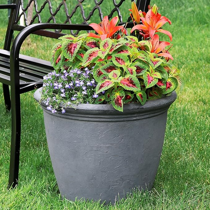 Sunnydaze 20-Inch Anjelica Large Plastic Pot for Plants - Outdoor Double-Walled Large Plastic Planter with Drillable Drainage Holes - Slate
