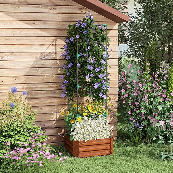Outsunny Galvanized Raised Garden Bed, 73.5" Outdoor Planter Box with Trellis Tomato Cage and Open Bottom for Climbing Vines, Vegetables, Flowers in Backyard, Garden, Patio, Brown
