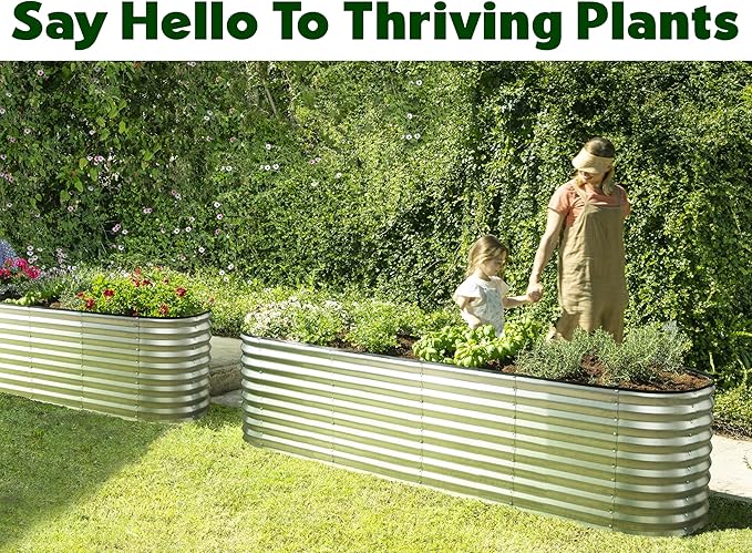 Plant & Plot Galvanized Raised Garden Beds Outdoor // 8×2×2 ft Planter Raised Beds for Gardening, Vegetables, Flowers // Large Metal Garden Box (Silver) // Patented Tool-Free Design