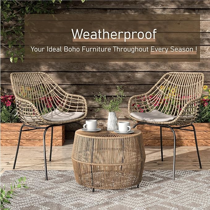 Furniture of America Ysar Boho Rattan Round Coffee Table Outdoor with Metal Frame, All-Weather and Rust Resistant, Handcrafted Coastal Furniture for Patio, Poolside, Garden, Yard, Natural Brown