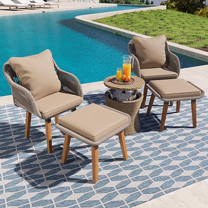Merax 5 Pieces Patio Furniture Chair Sets, Patio Conversation Set with Wicker Cool Bar Table, Ottomans,Outdoor Furniture Bistro Sets for Porch,Backyard,Balcony,Poolside Brown