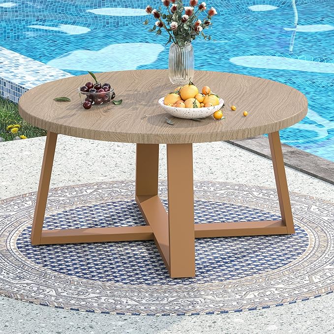 Indoor Round Coffee Table with 35.5” Woodgrain Finish Table Top, Outdoor Metal Modern Side Table 125lbs for Backyard Porch Balcony Living Room, Brown