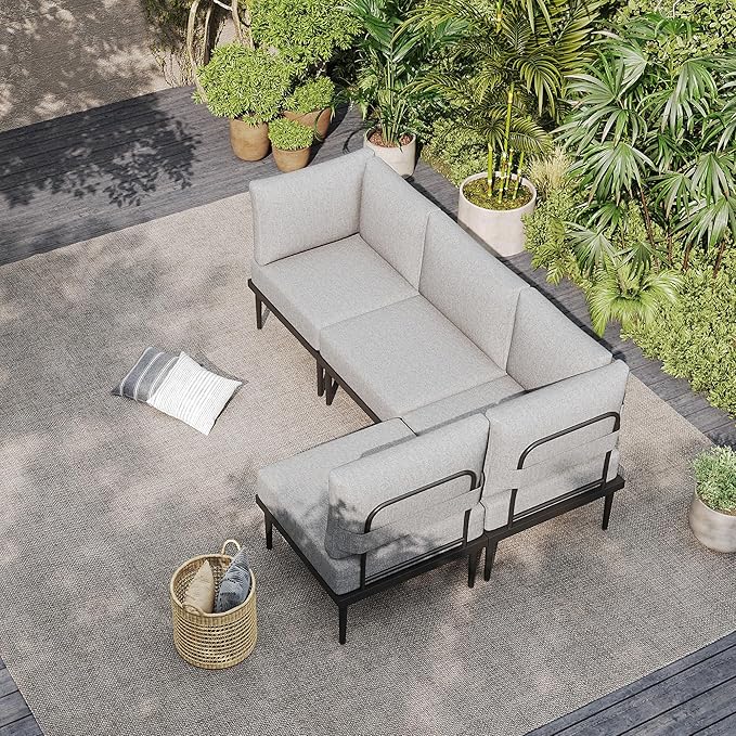 Sundale Outdoor 4 Pieces Patio Furniture Set, Metal Sectional Sofa Patio Conversation Set with 6 Inch Cushions, Modern Patio Corner Couch for Balcony, Porch, Sunroom | Modular, Waterproof, Anti rust