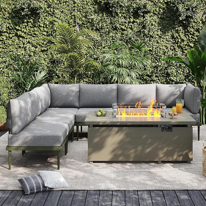 Sundale Outdoor 7 Pieces Patio Furniture Set with Fire Pit Table, L-Shaped Outdoor Sectional Sofa with 6 Inch Olefin Cushion, All-Weather Modern Metal Outdoor Conversation Sets for Backyard, Poolside