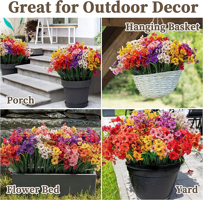 24 Bundles Artificial Flowers for Outdoors/Indoors, Fake Flowers Plants for Indoor Outside Garden Porch Window Box Home Wedding Farmhouse(8 Color)
