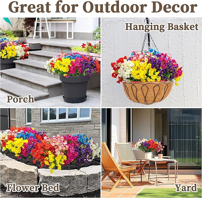 16PCS Artificial Fake Flowers for Outdoors/Indoors, Faux Silk Colorful Morning Glory with Eucalyptus, UV Resistant Realistic Floral Arrangement for Garden Porch Window Box Home Balcony Yard (8 Colors)