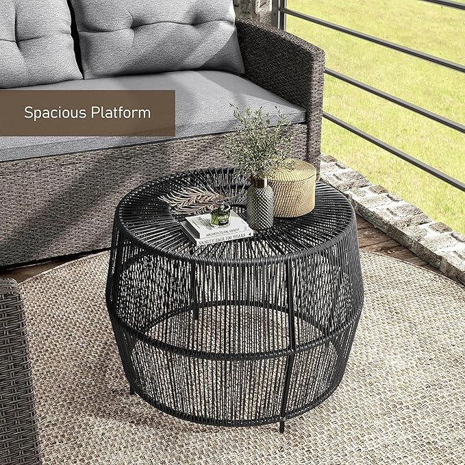 Furniture of America Ysar Boho Rattan Round Coffee Table Outdoor with Metal Frame, All-Weather and Rust Resistant, Handcrafted Coastal Furniture for Patio, Poolside, Garden, Yard, Black