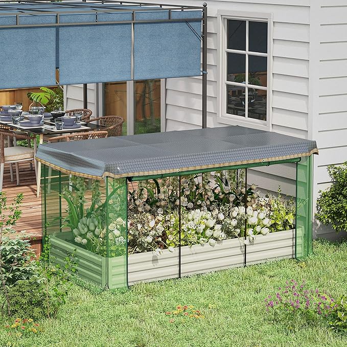 Outsunny 7.3 x 3.4 x 1 ft Galvanized Raised Garden Bed with Crop Cage Plant Protection Net and Shade Cloth Roof, Metal Planter Box with Cover for Vegetables, Flowers, Herbs, Beige